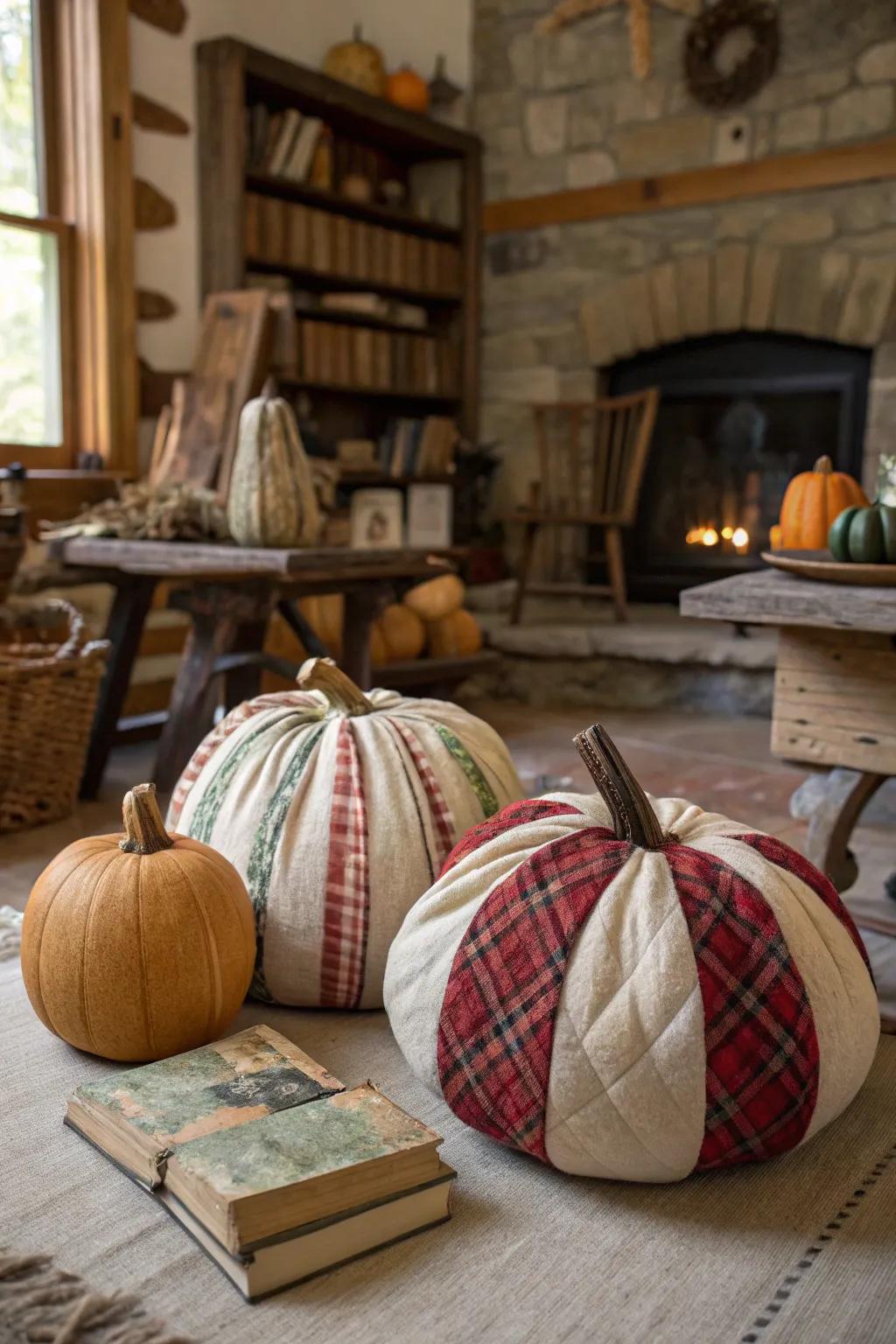 Achieve rustic appeal with cloth-wrapped pumpkins.