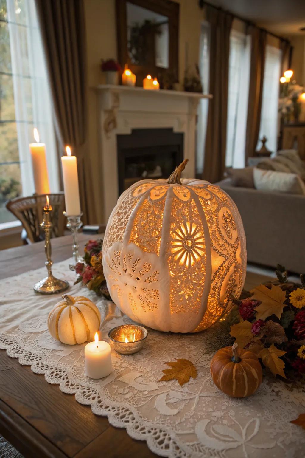 Detailed lace-patterned pumpkin for a refined touch.