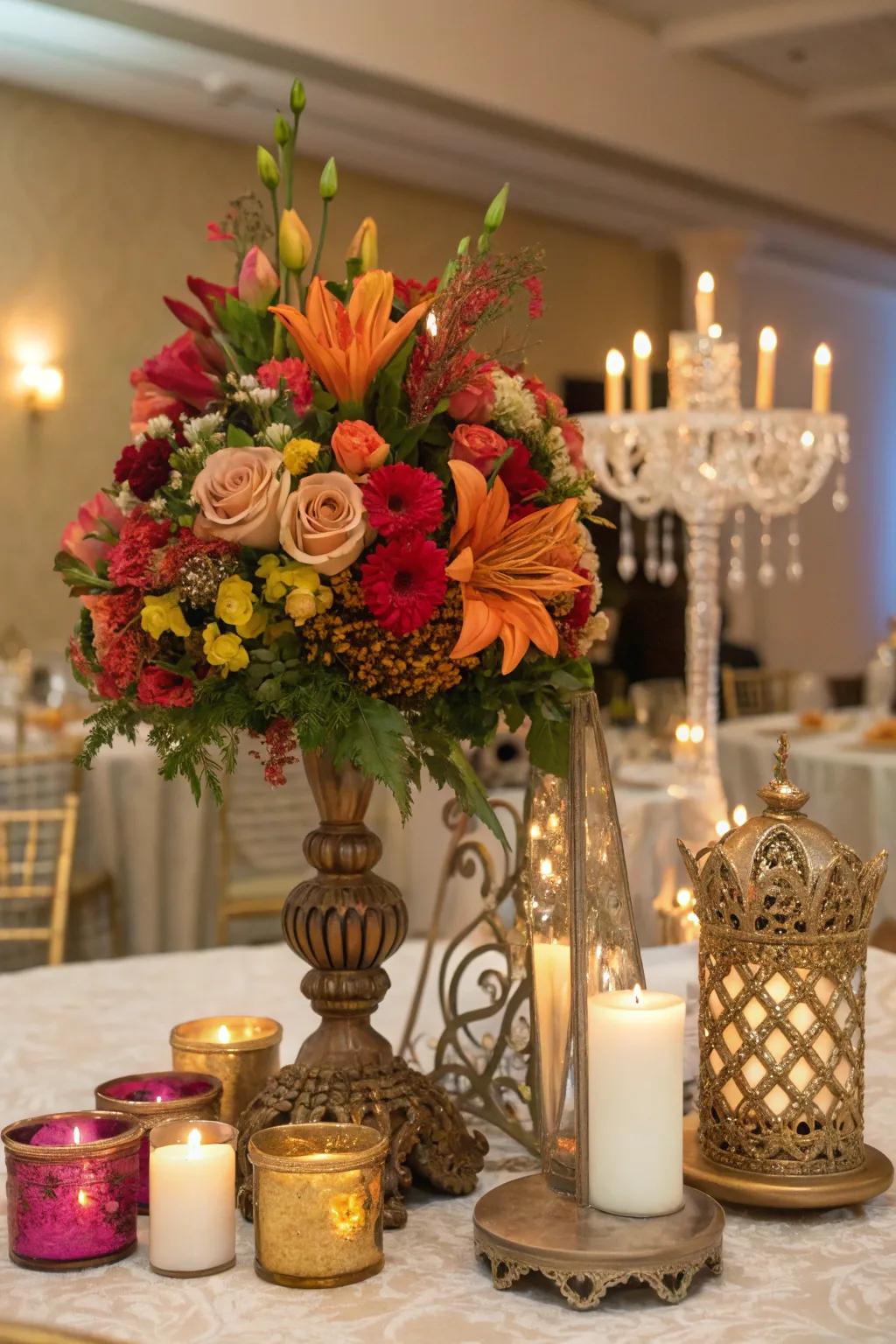 Ornate centerpieces elevate table elegance.