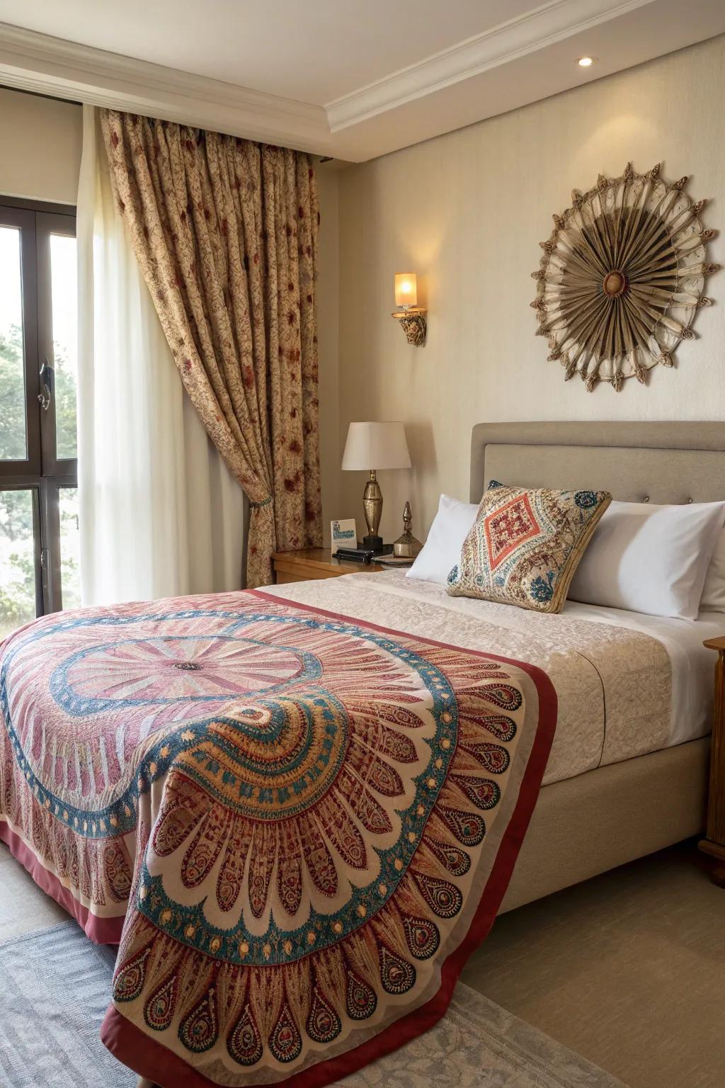 A bedroom showcasing radial design fabric throw and curtains.