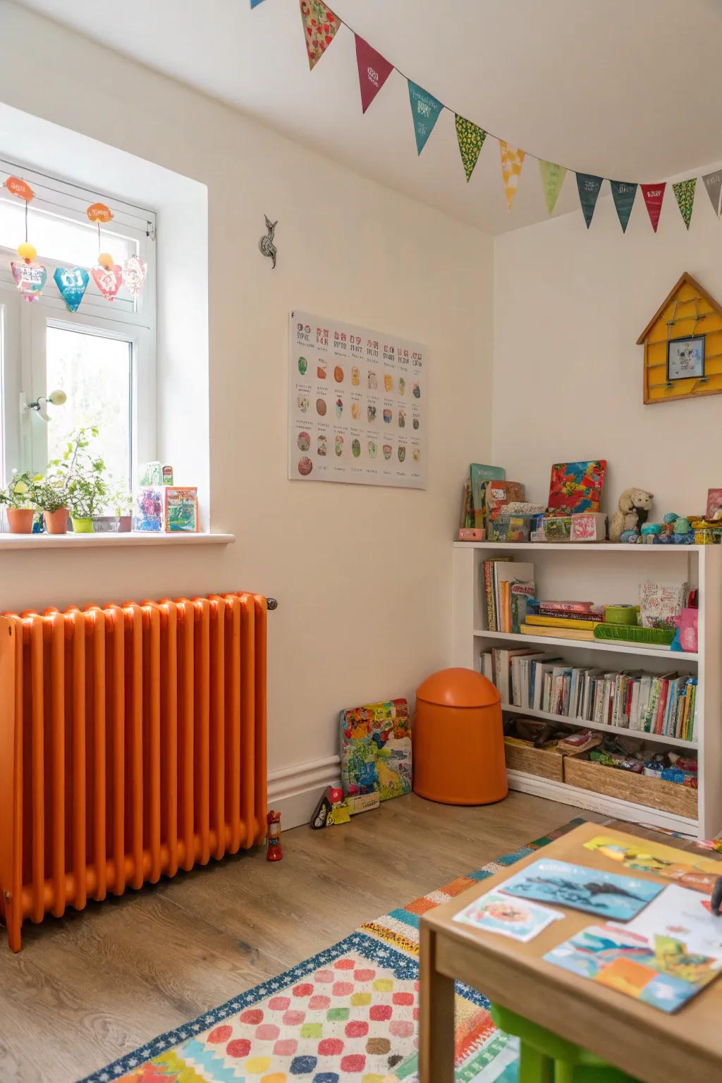 Orange radiators evoke dynamic pizzazz.