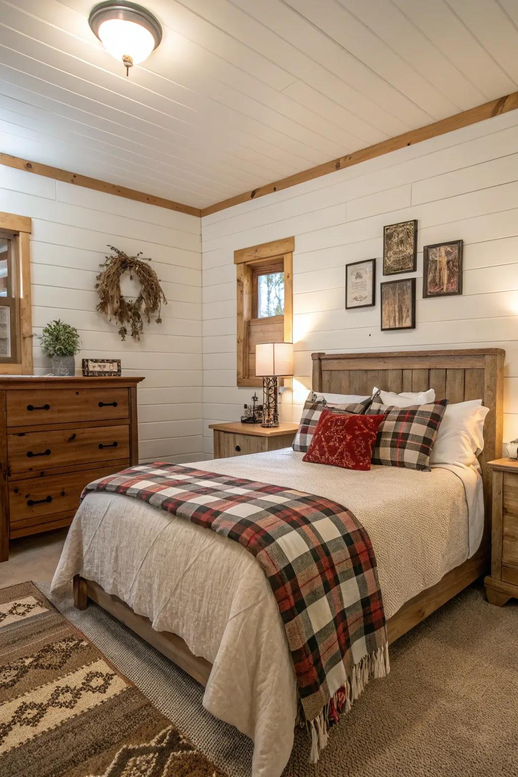 A bedroom featuring shiplap walls and country decor elements.