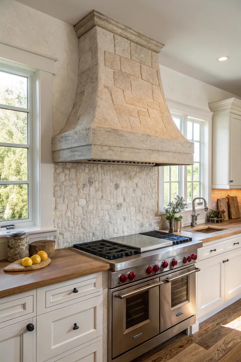 Kitchen design with natural stone range hood and backsplash for an organic, timeless appeal.