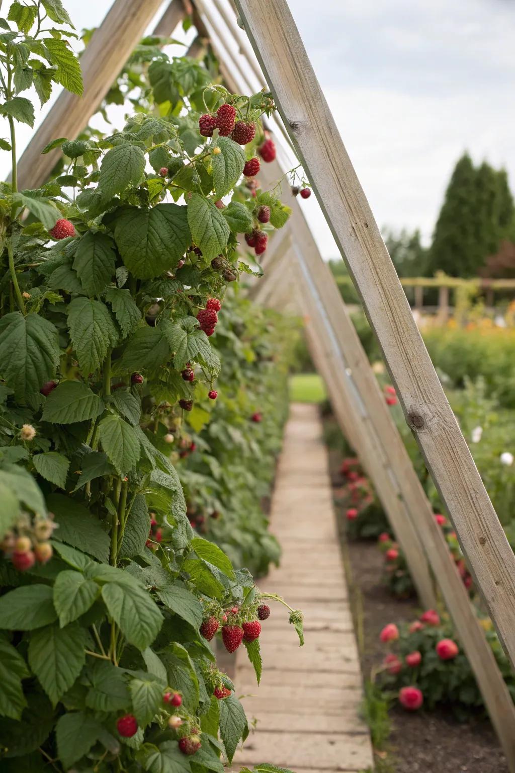 An angled plant support enables effortless fruit collection and enriches garden allure.