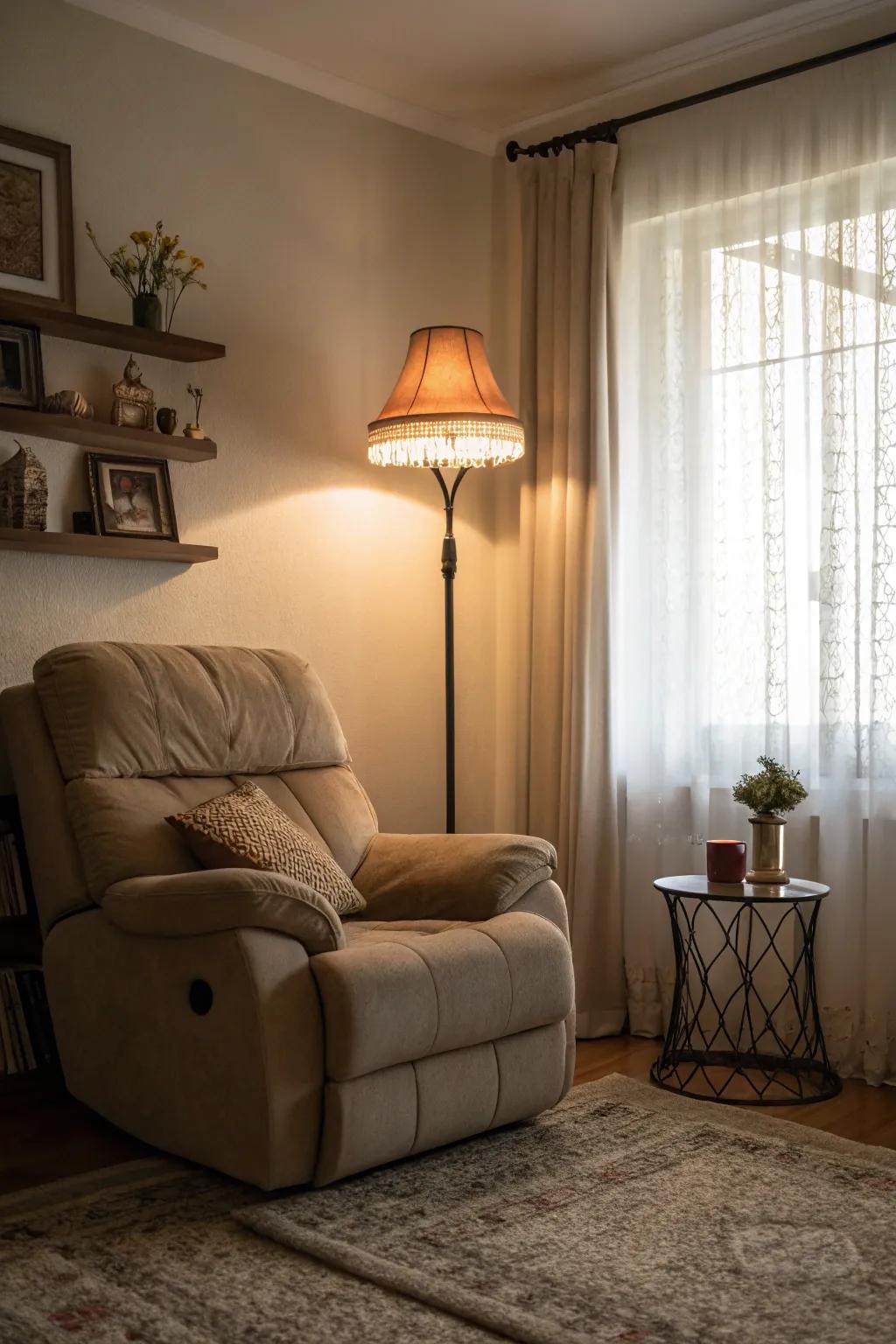 A welcoming living room with an upright light enhancing the recliner sofa&rsquo;s area.