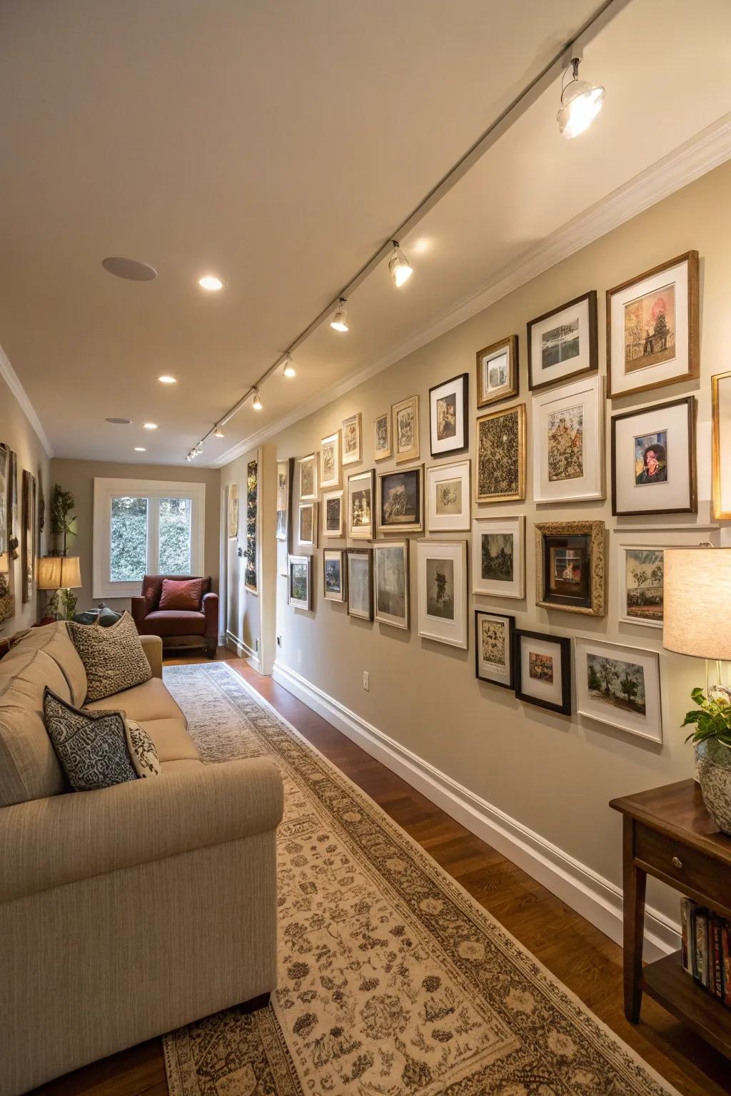 A gallery wall adds depth and personal touch to the area.