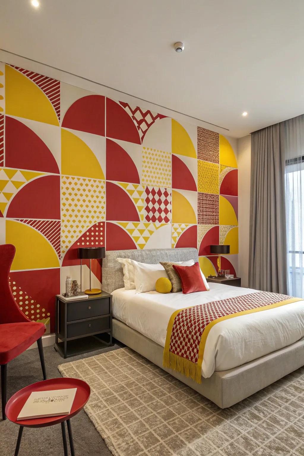 Geometric wall decor adds a modern and vibrant flair to this bedroom.