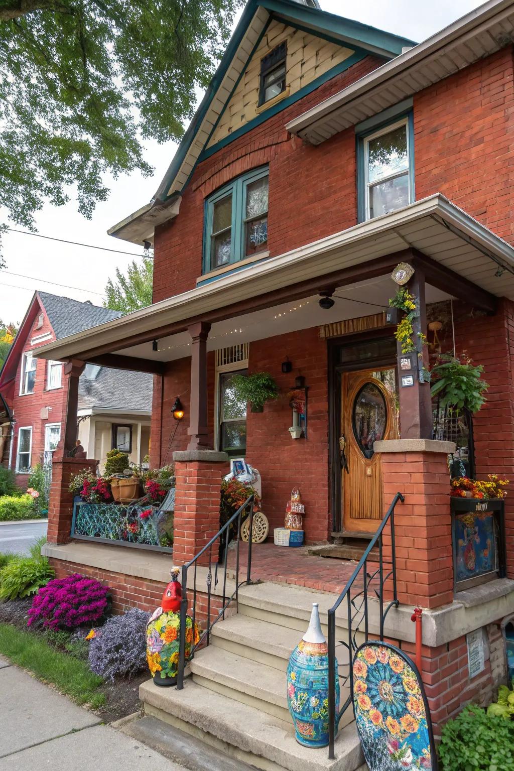 Eclectic art pieces add charm to a red brick porch.