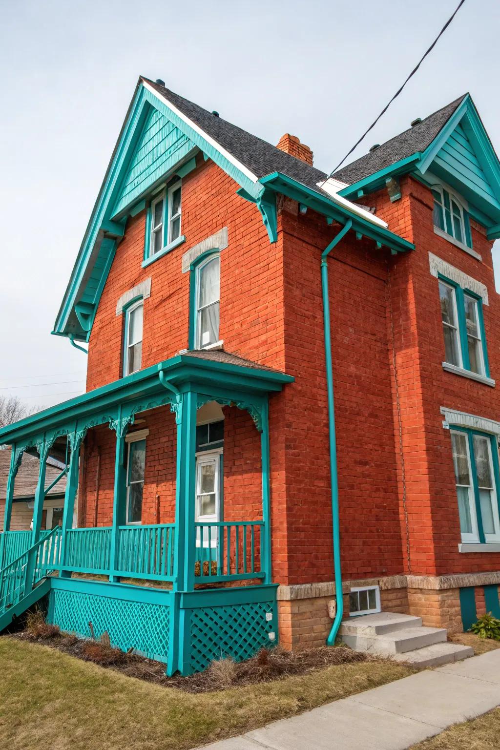 Jade trim brings an energetic and bold burst of color to crimson brick homes.