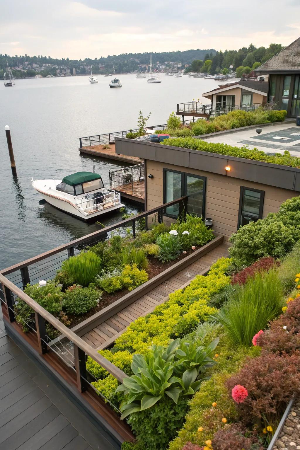 A dock enriched with a lively rooftop garden.