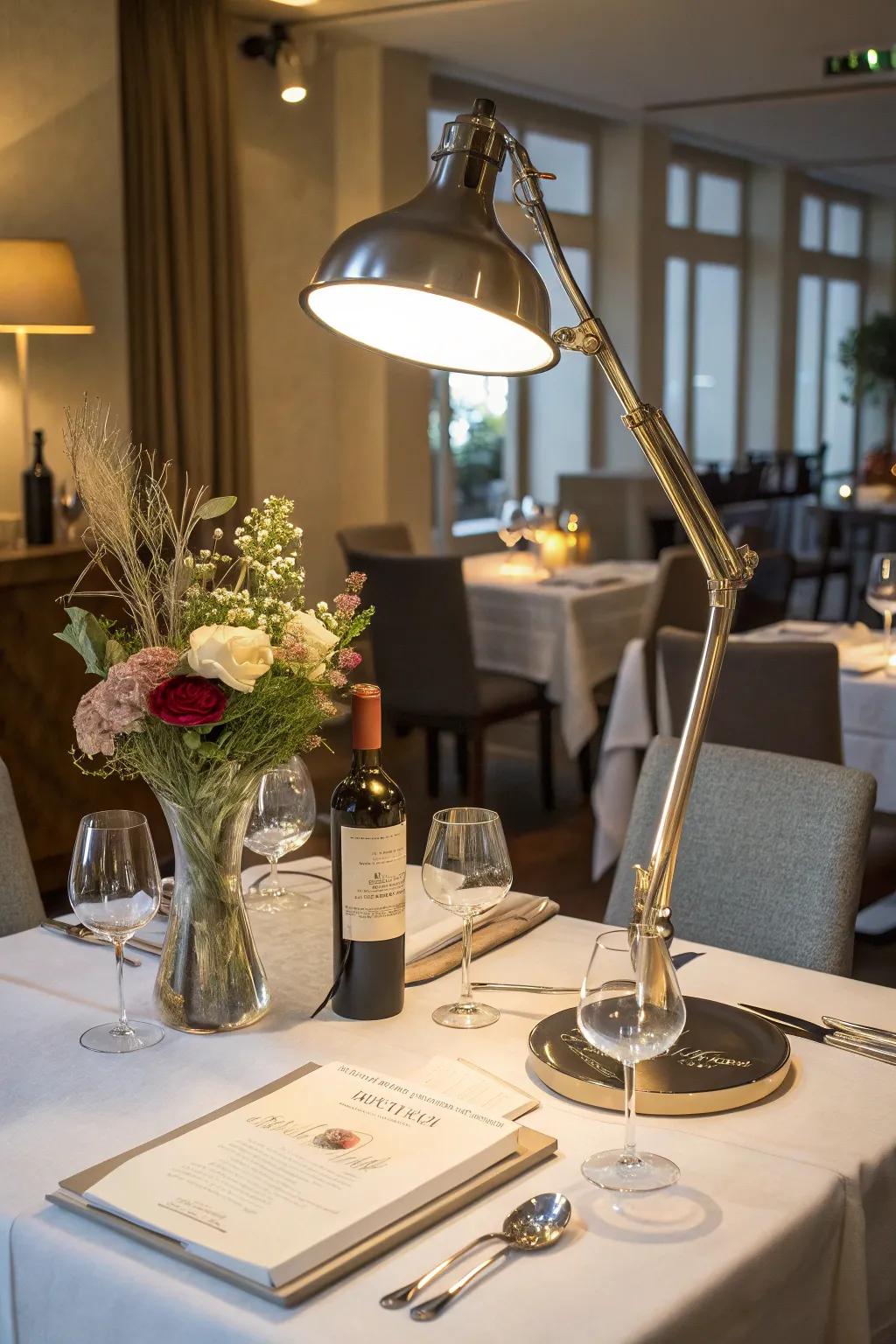 An adjustable arm table lamp on a restaurant table highlighting decor items.
