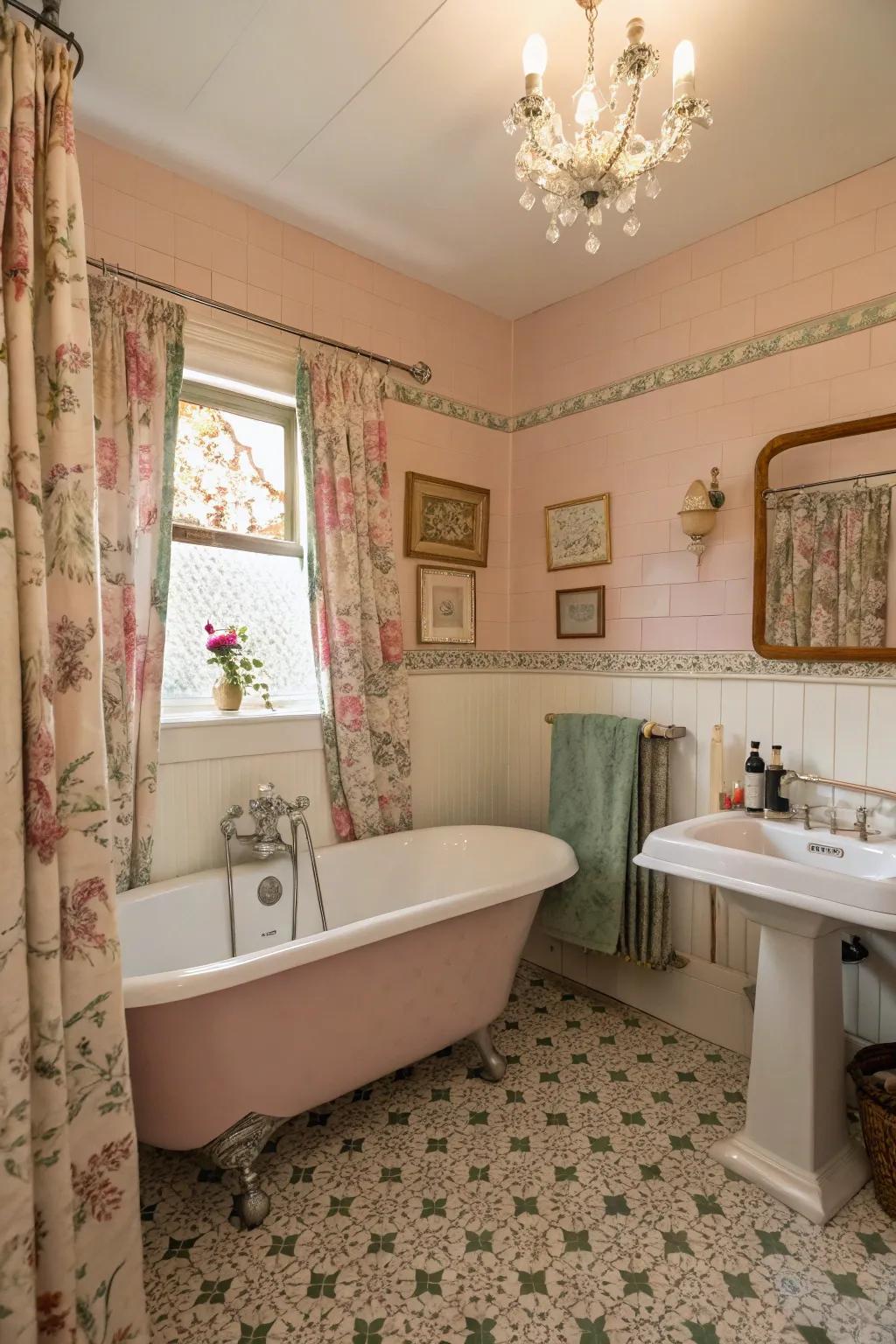 Pastel hardware adds a soft, calming touch to a retro bathroom.