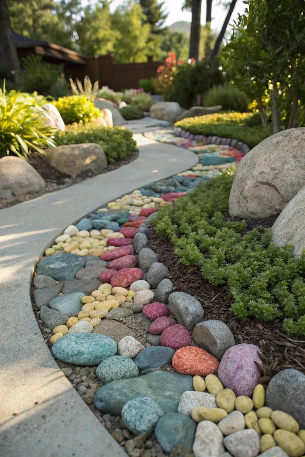 A colorful arrangement of smooth stones brings visual fascination to this garden setting.