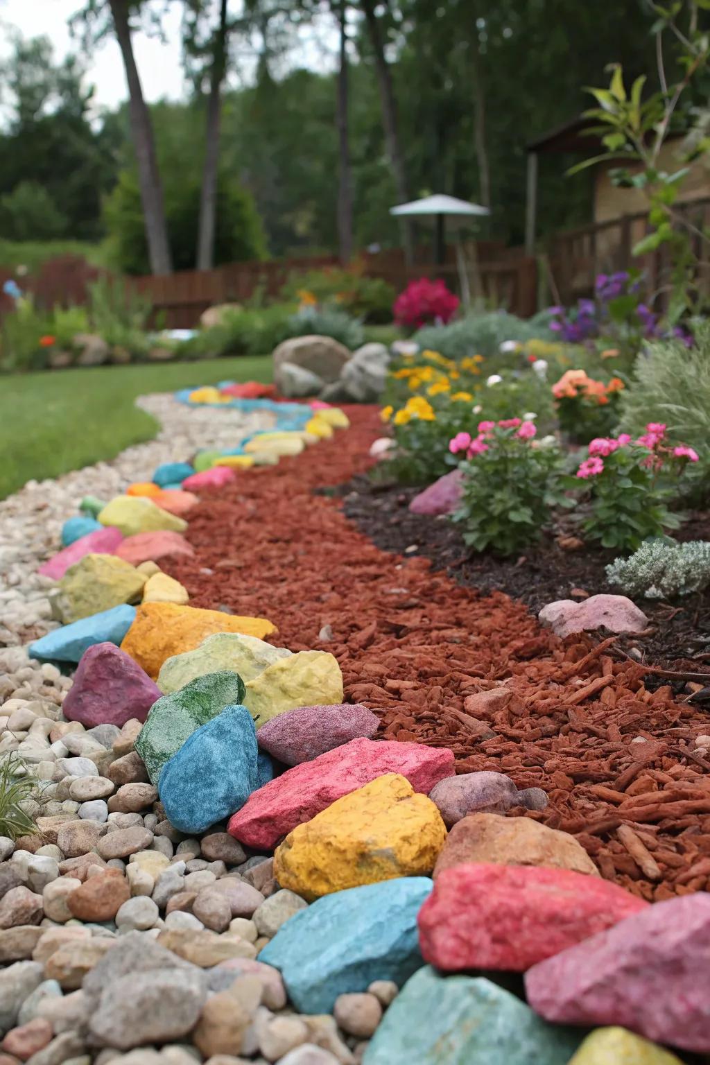 Brightly colored stones bring life and character to the garden.