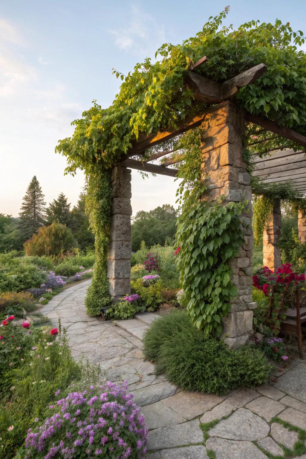 A stone shade structure offers shade and supports vibrant greenery.