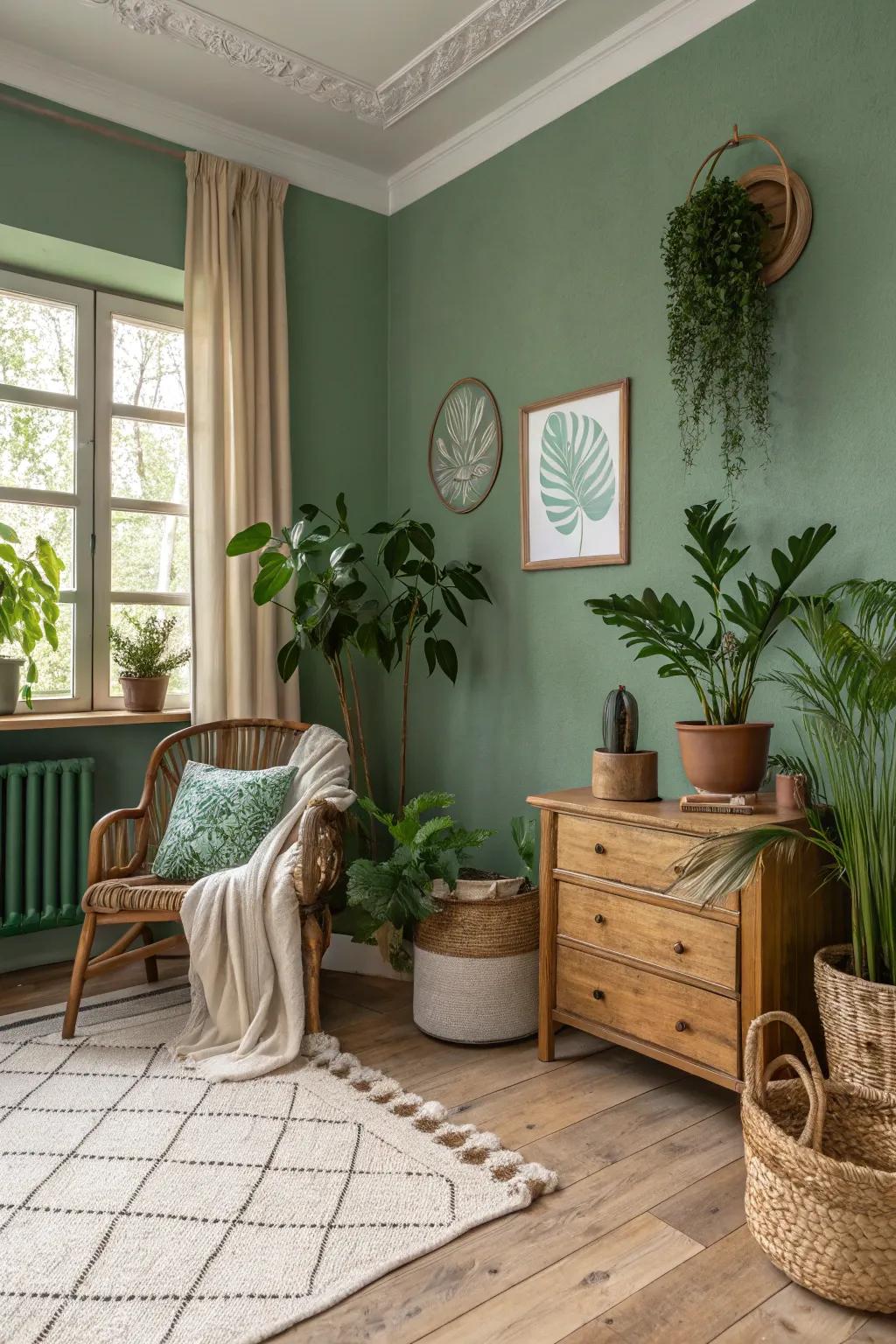 Subdued greens bring calmness and a hint of nature indoors.
