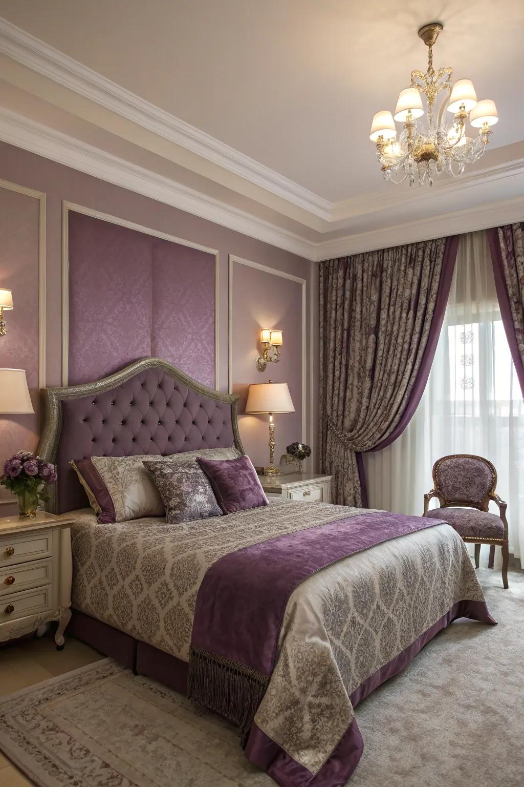 A sophisticated bedroom with mauve purple accents and cozy elegance.