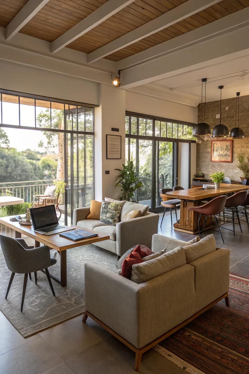 Specific zones in an open-plan room for various activities.