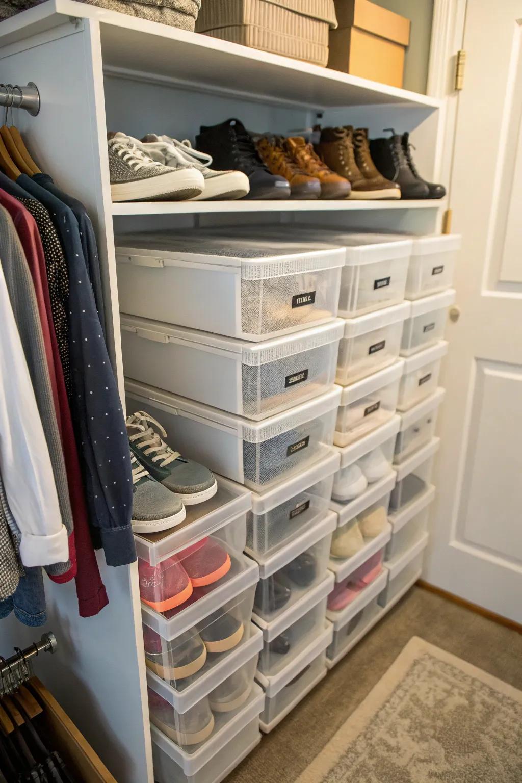 Stackable storage makes the most of space and keeps items arranged.