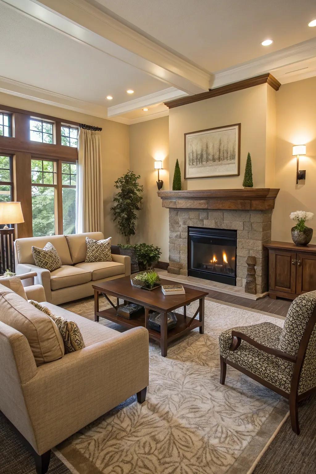 The room is arranged to draw attention to a central piece of art.