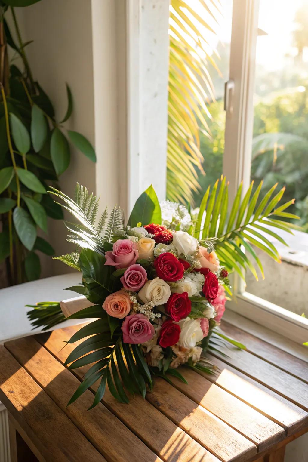 Exotic twist with roses and lush greenery.