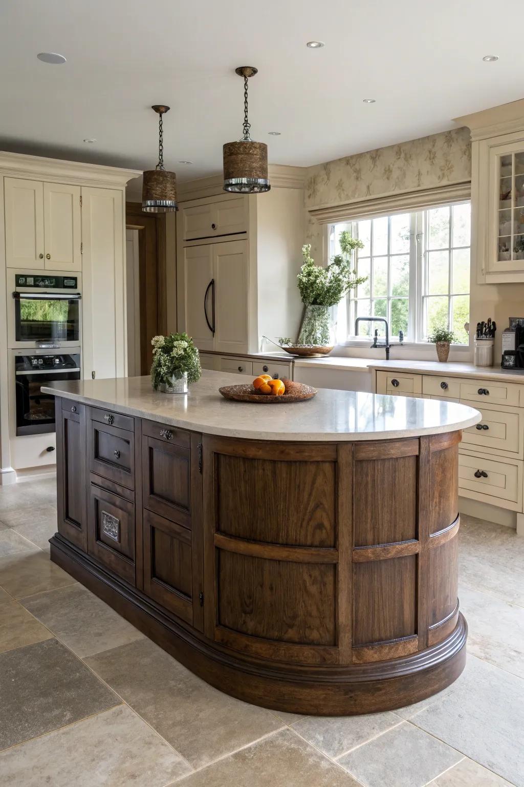 Unique shapes add an innovative flair to a circular kitchen island.