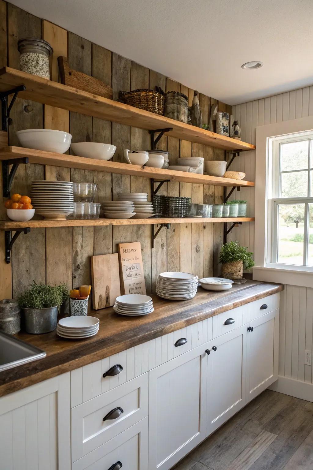 Open shelving enhances the rustic charm of the kitchen.