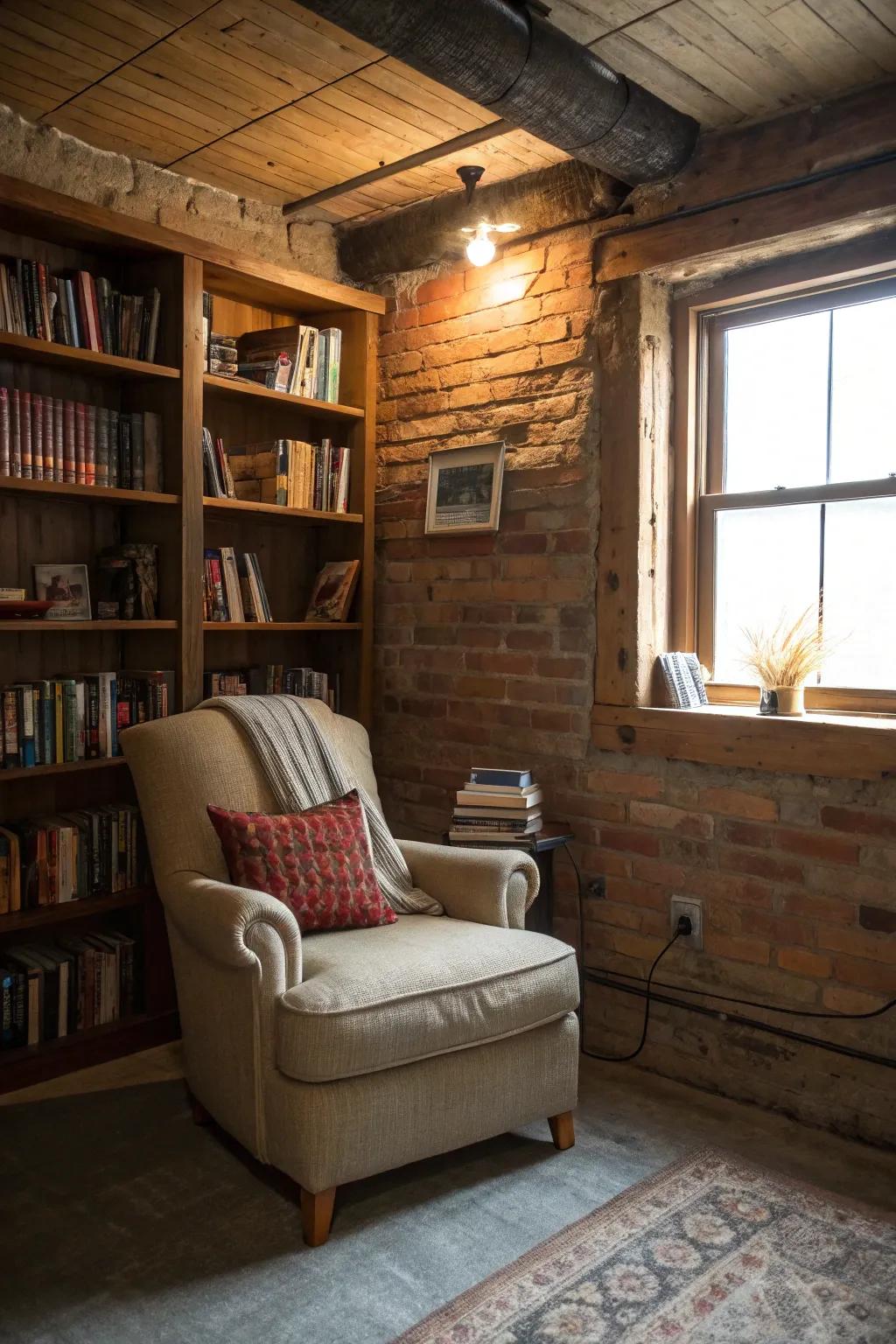 A cozy reading nook invites relaxation and escape.