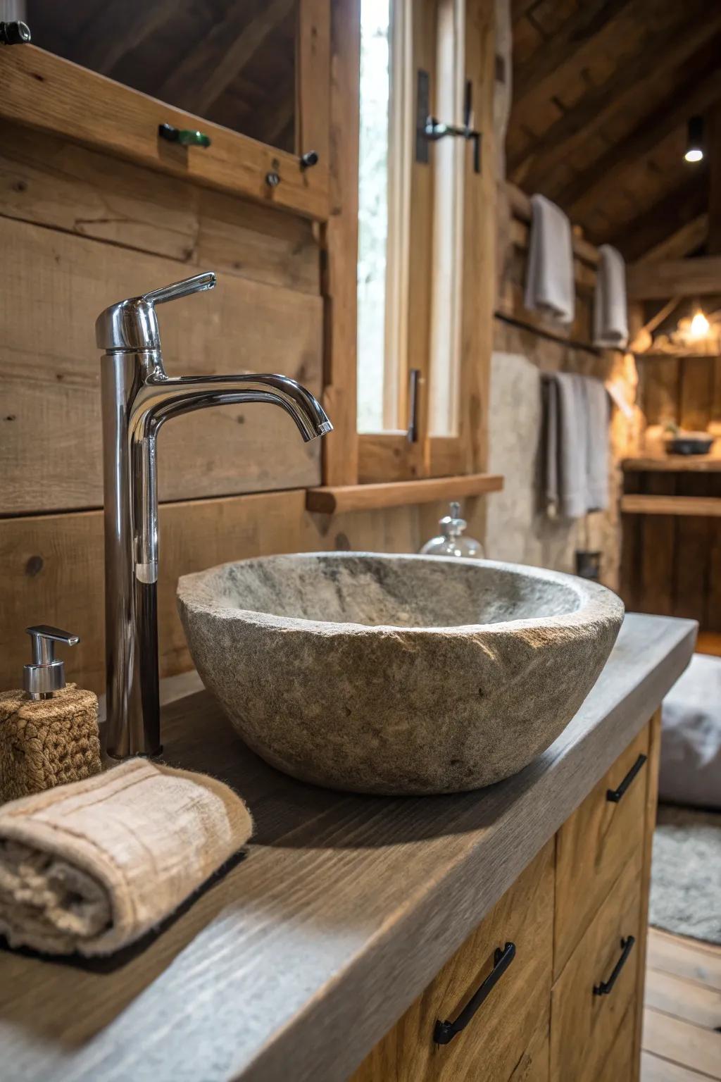 The fusion of metal and stone crafts a striking rustic contrast.