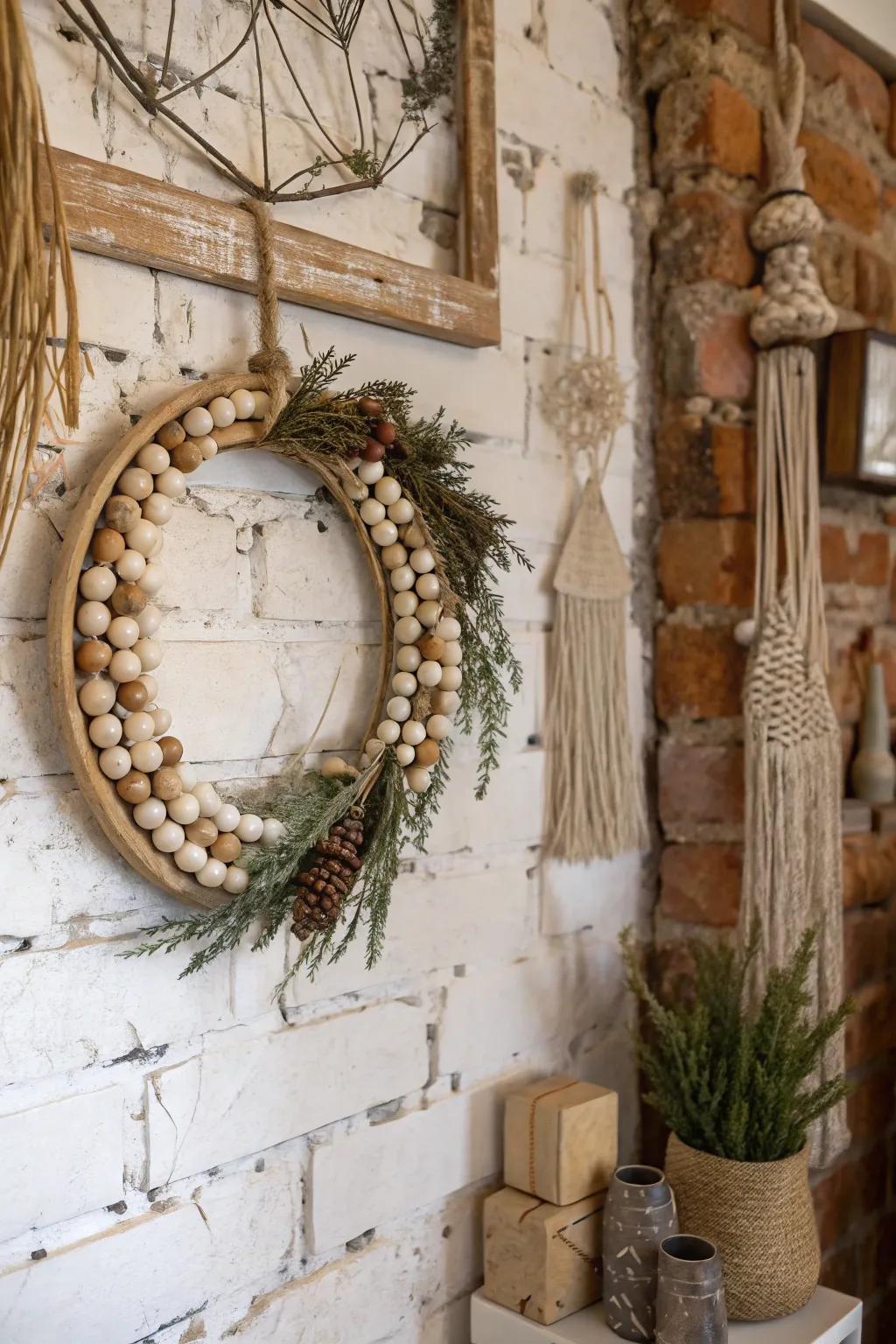 Rustic beads bring a boho vibe to the wreath.