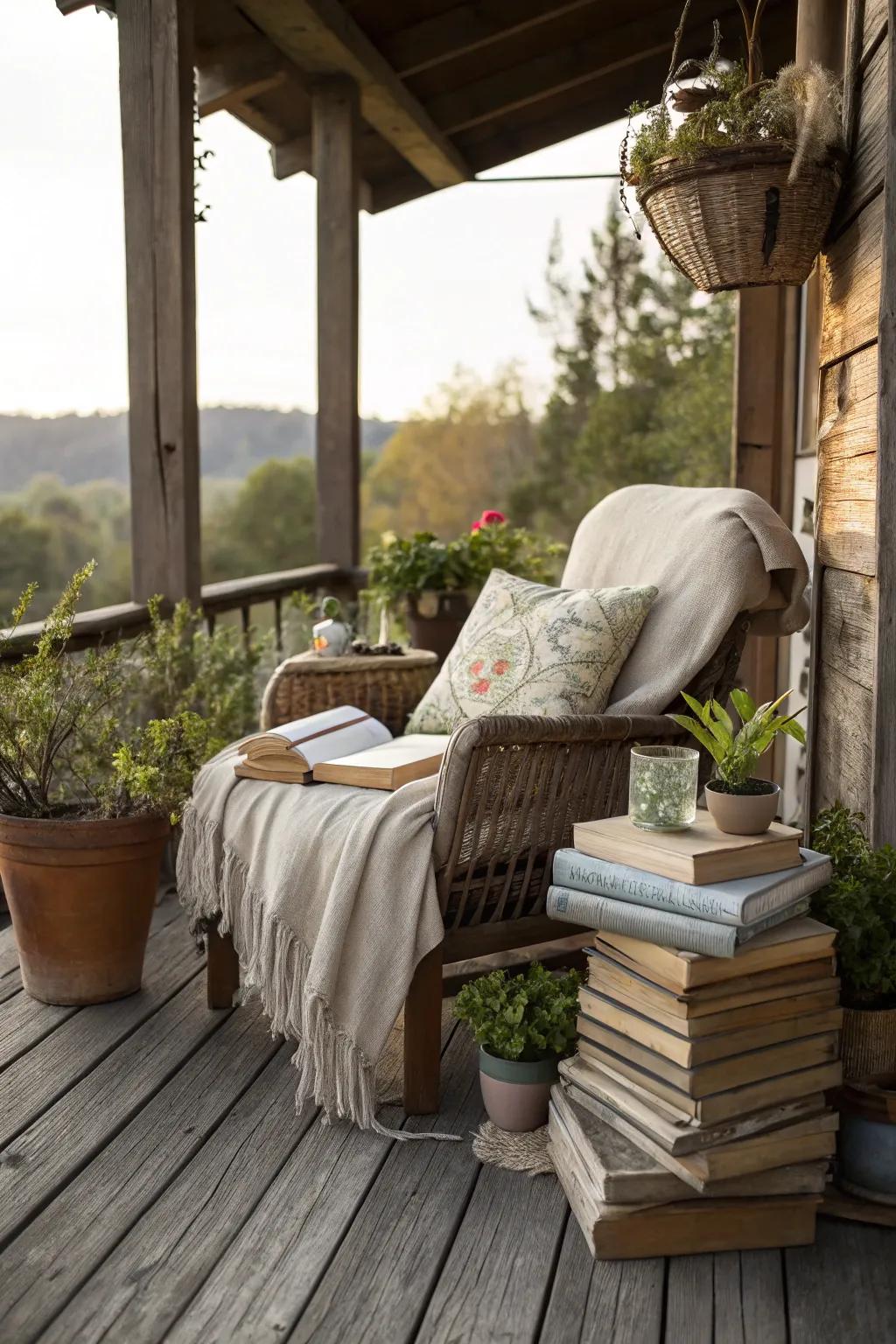 A reading space is a perfect retreat on this country deck.