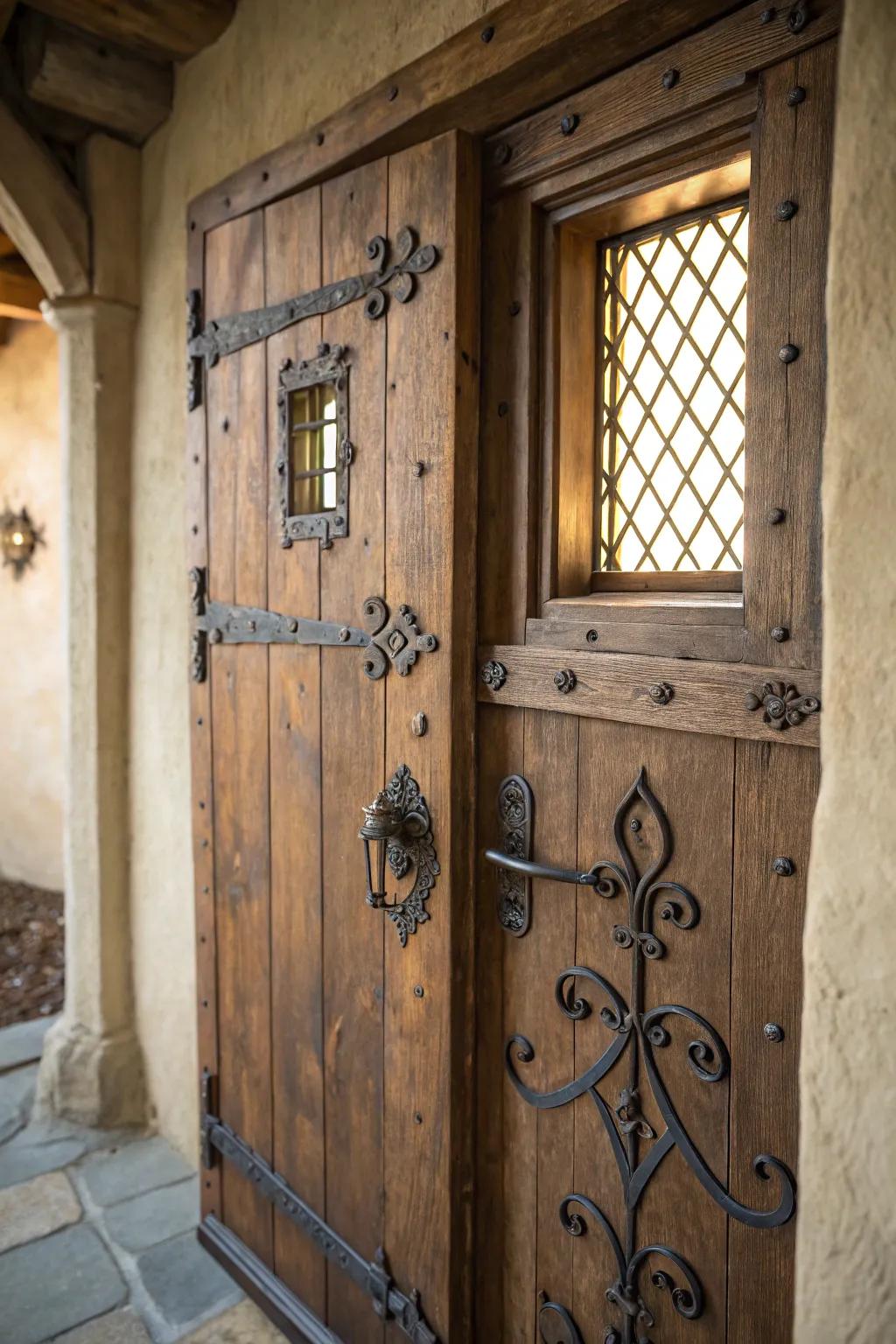 Rustic doors gain an alluring vintage touch from viewing port windows.