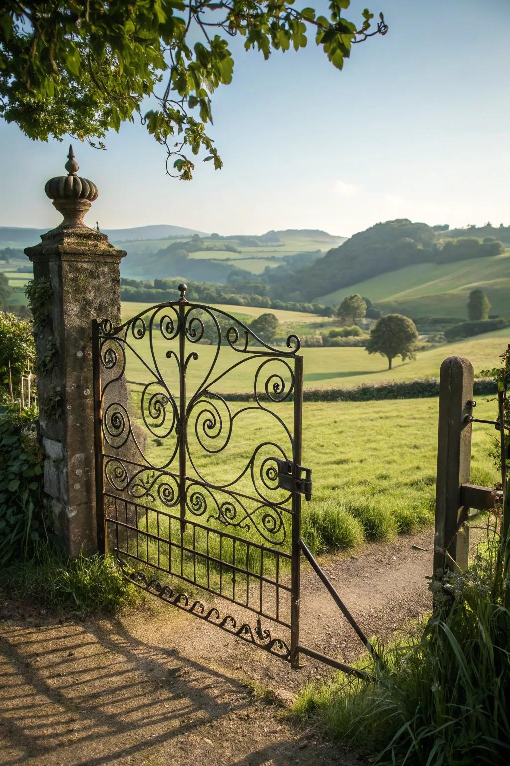 Elegance through intricate alloy scrollwork on a ranch entrance.