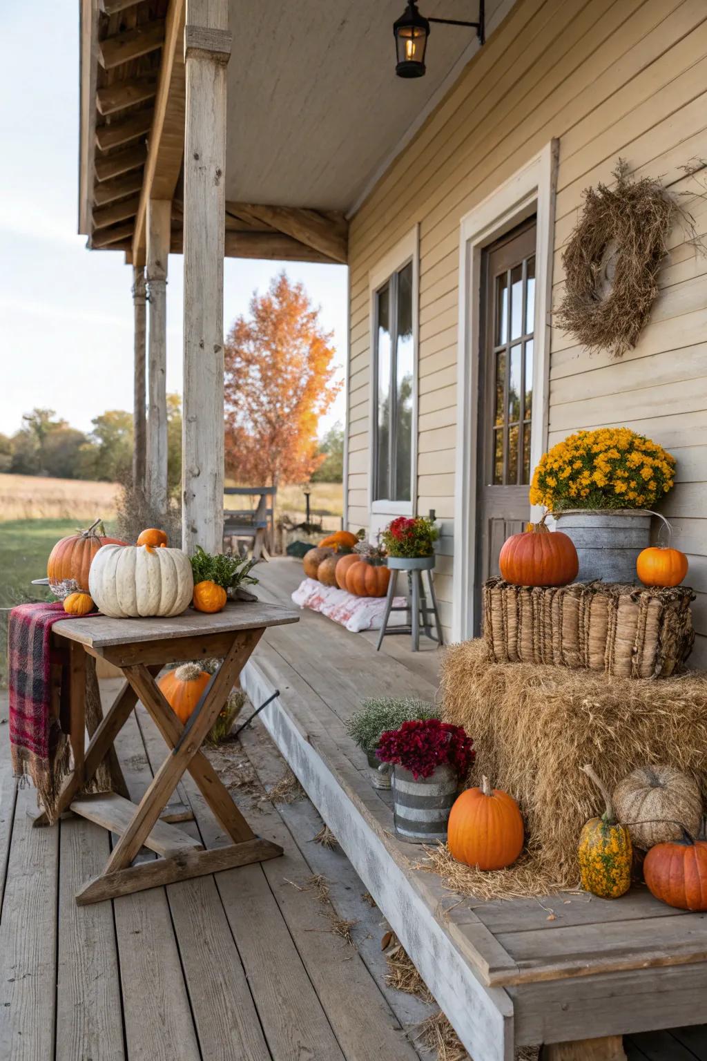 A rustic table adds decor to this porch.