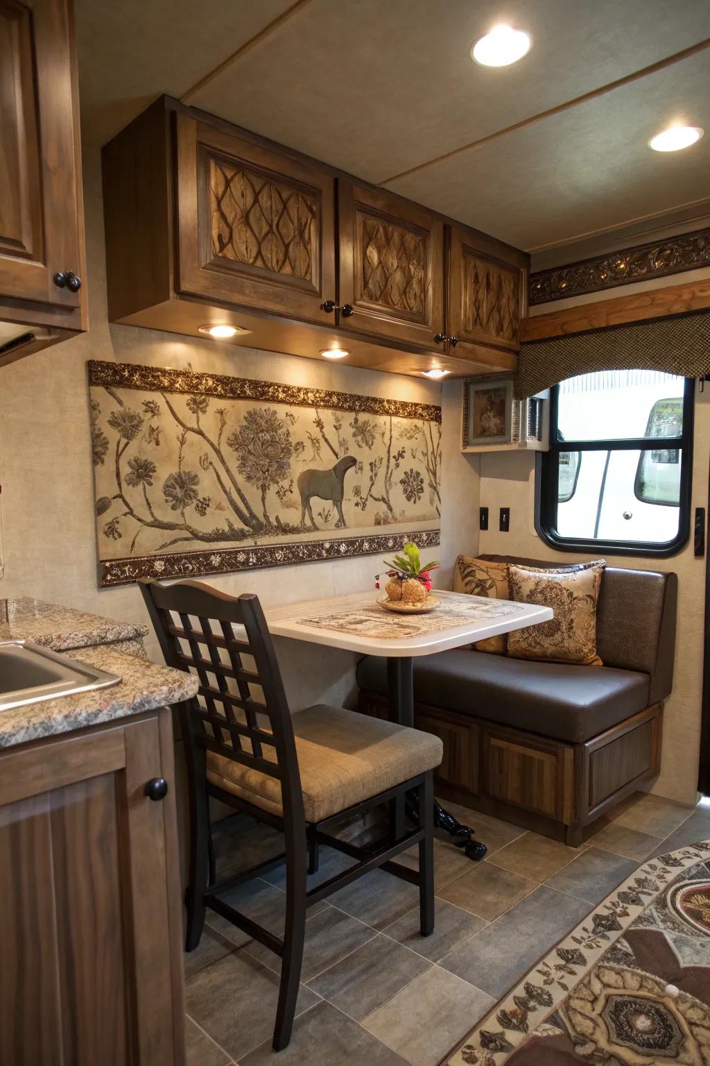 A decorative panel injects flair into your mini-kitchen.