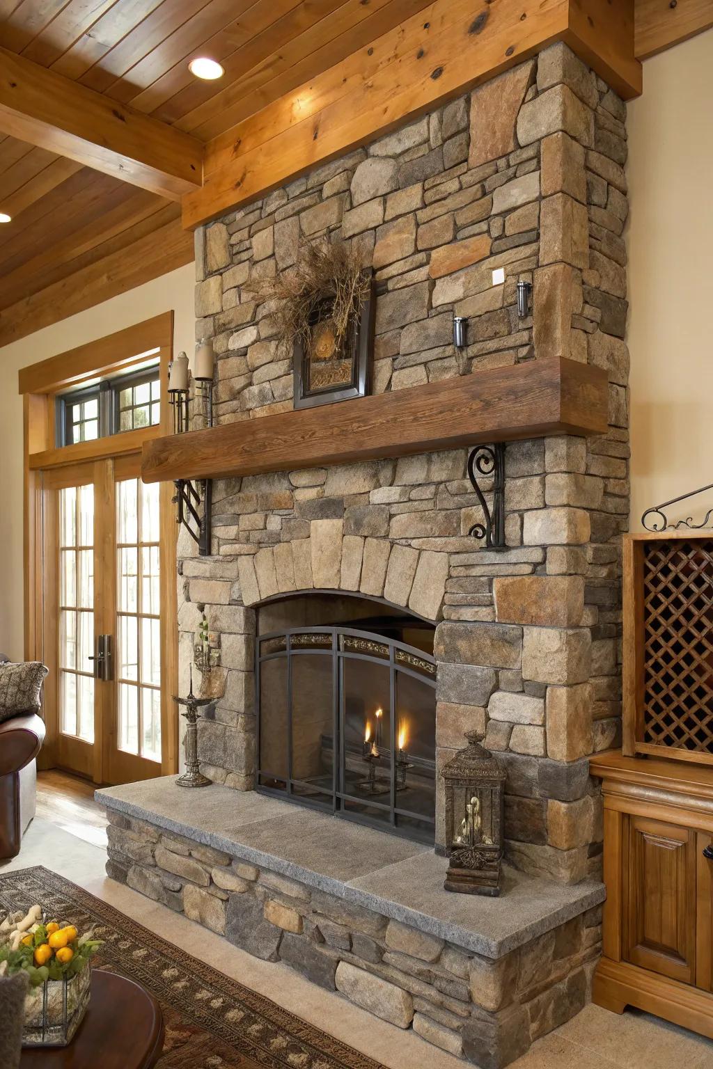 Mixed materials fashion a textured and vibrant appearance for this fireplace.