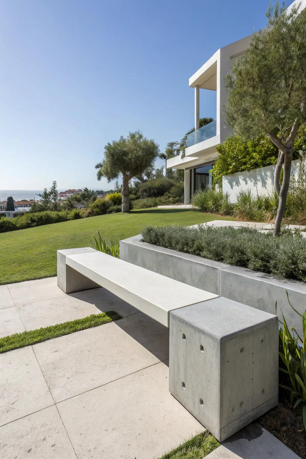 An industrial concrete bench providing a modern garden touch.