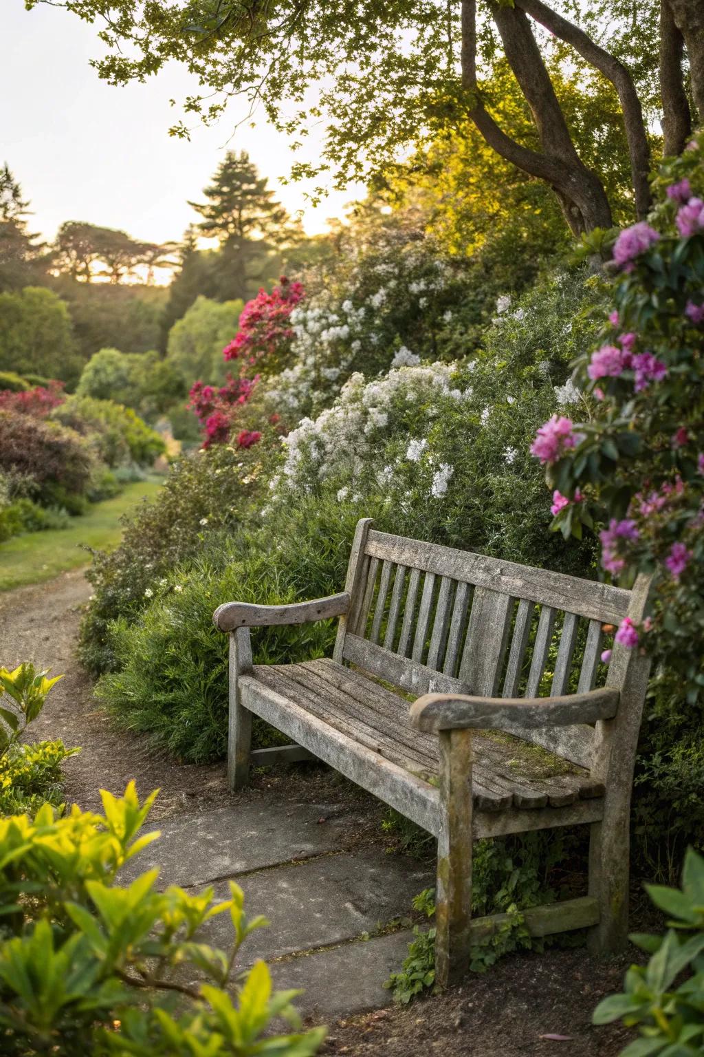 A countryside bench encourages relaxation in a garden environment.