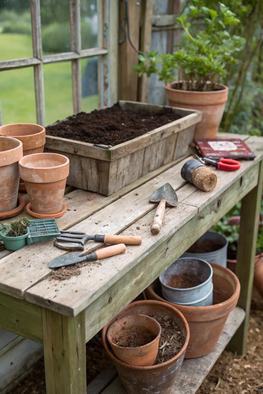A rustic potting station prepared for gardening tasks.