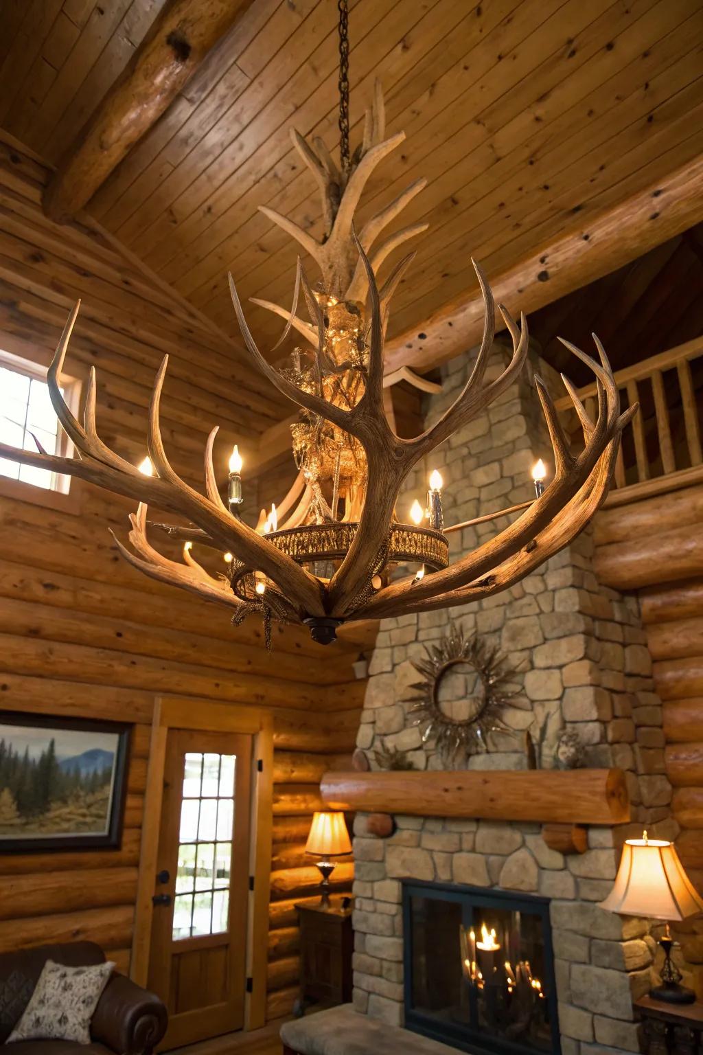 Horn-inspired lighting contributes a unique charm to this country-inspired cabin.