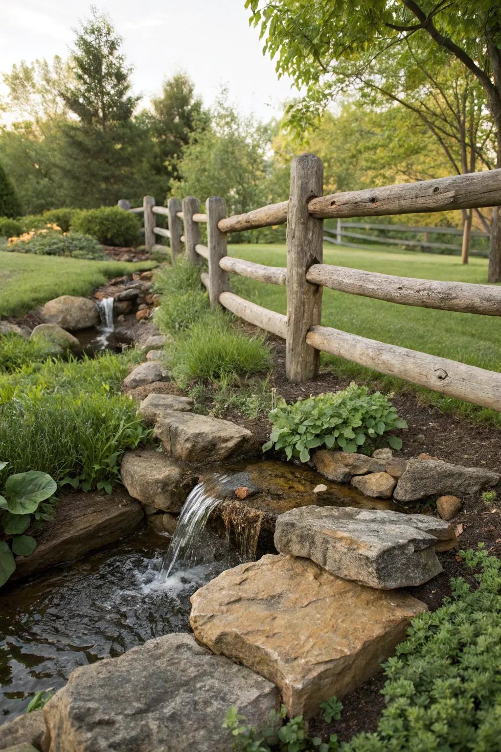 A log fence gracefully incorporates an aqua feature, enhancing the garden's tranquility.