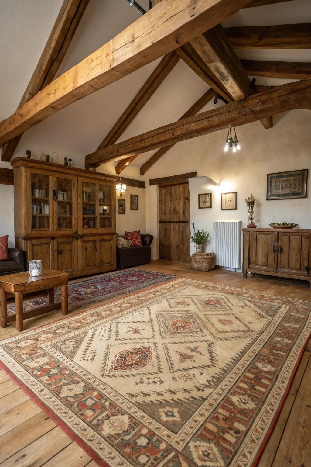 A classic rug introduces warmth and texture to this countryside area.