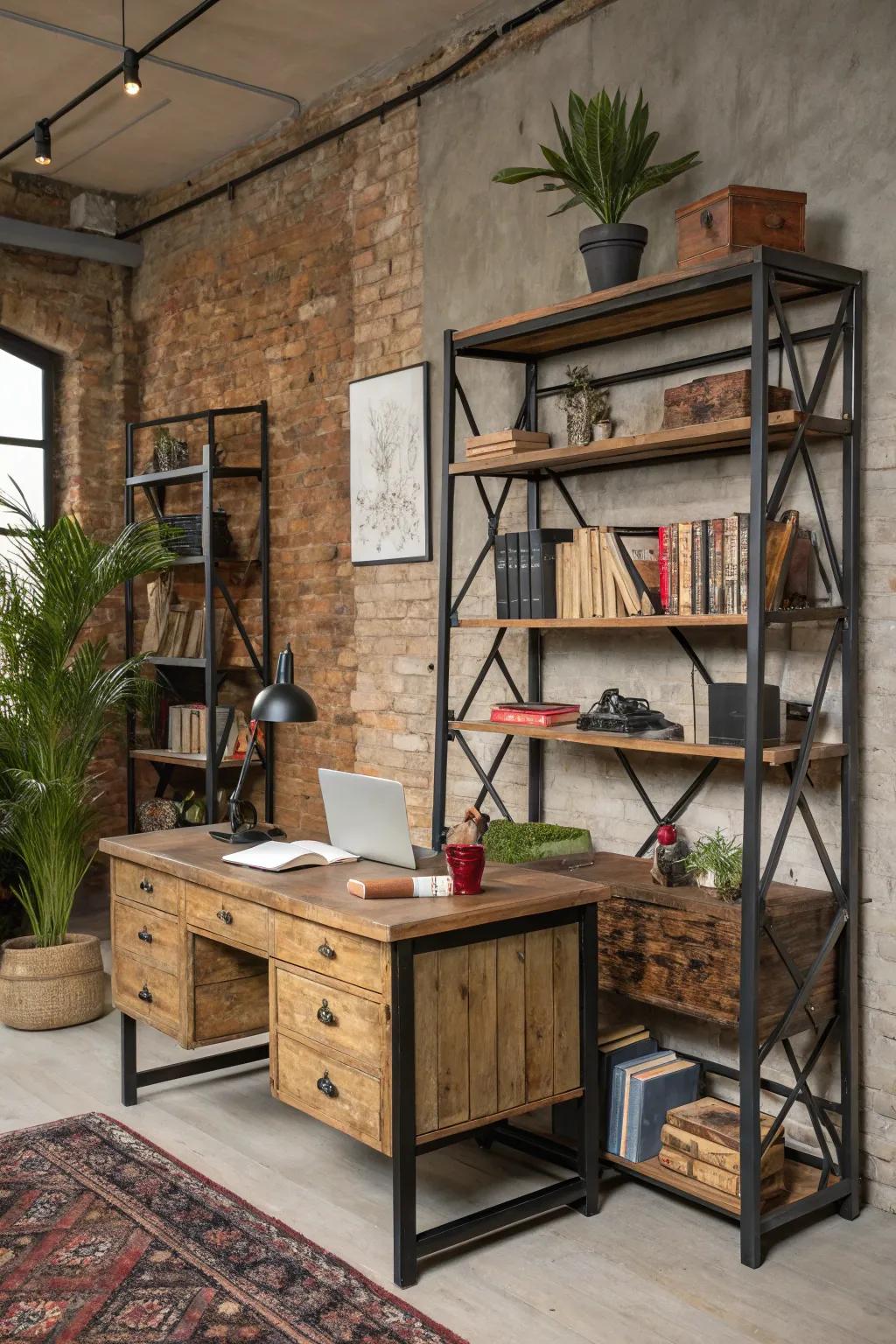 Industrial shelving brings elegance including practicality into a country style office.