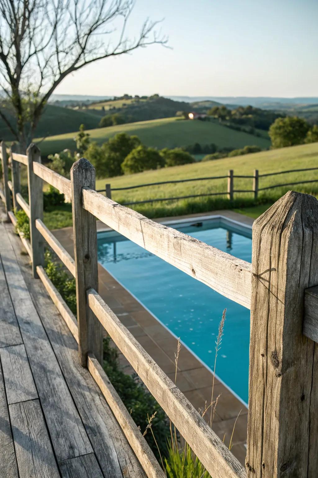 Barnwood fencing creating a cozy, nostalgic poolside atmosphere.