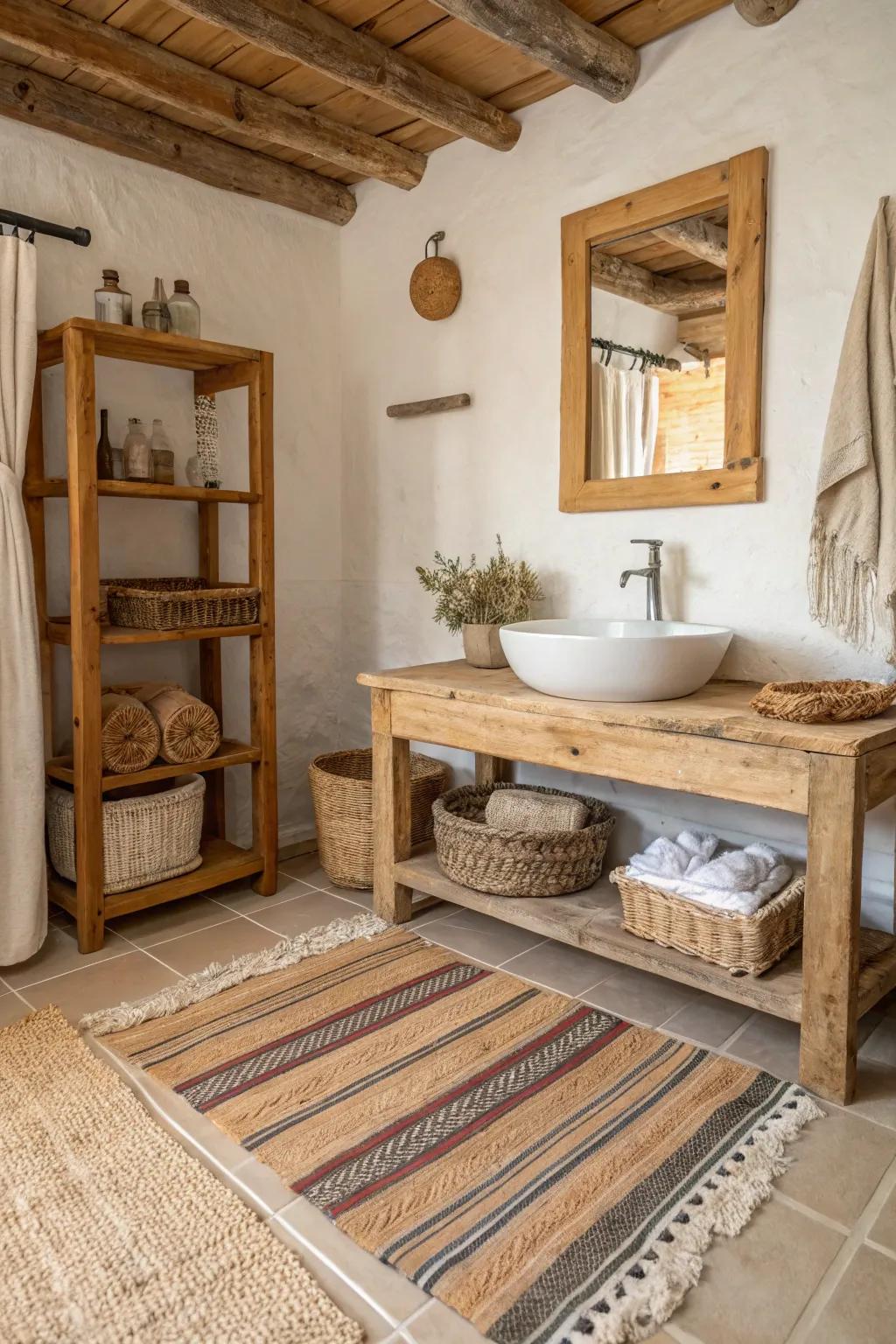 Hand-made rugs add coziness and texture to the bathroom.