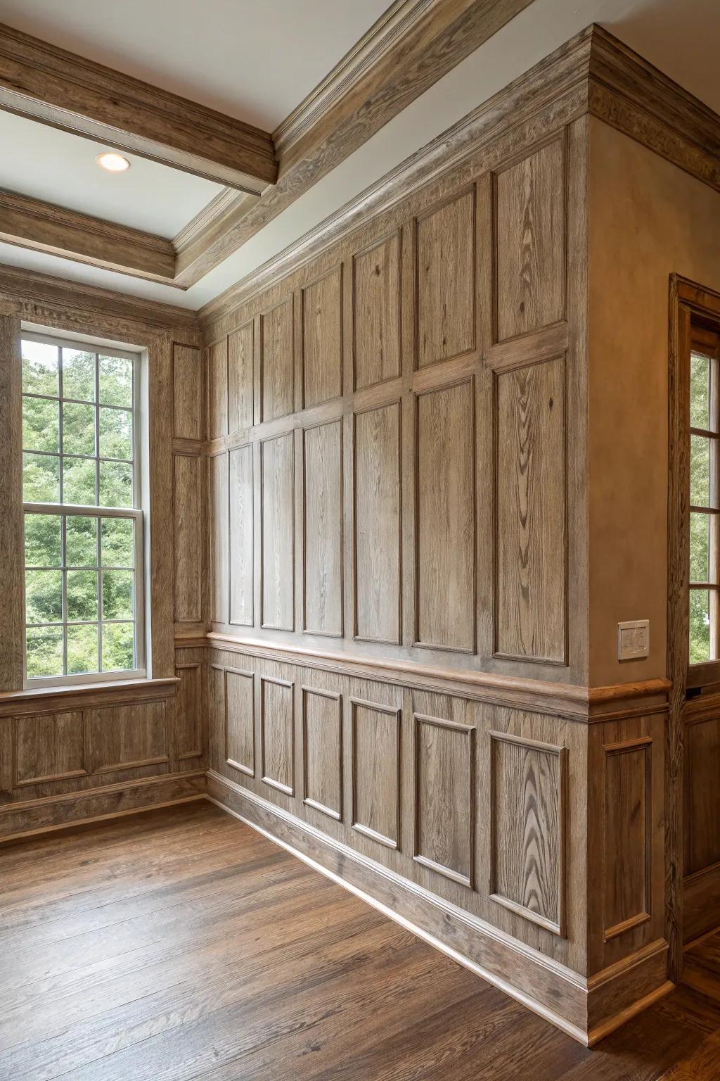 Layered textures in wainscoting add richness and depth.