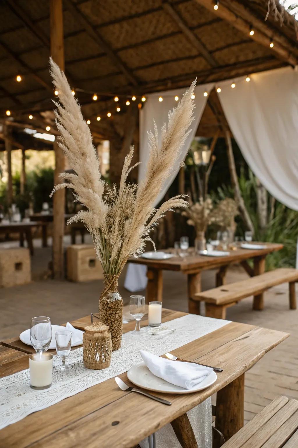 Elegant pampas stalks adding height and texture to the table decor.