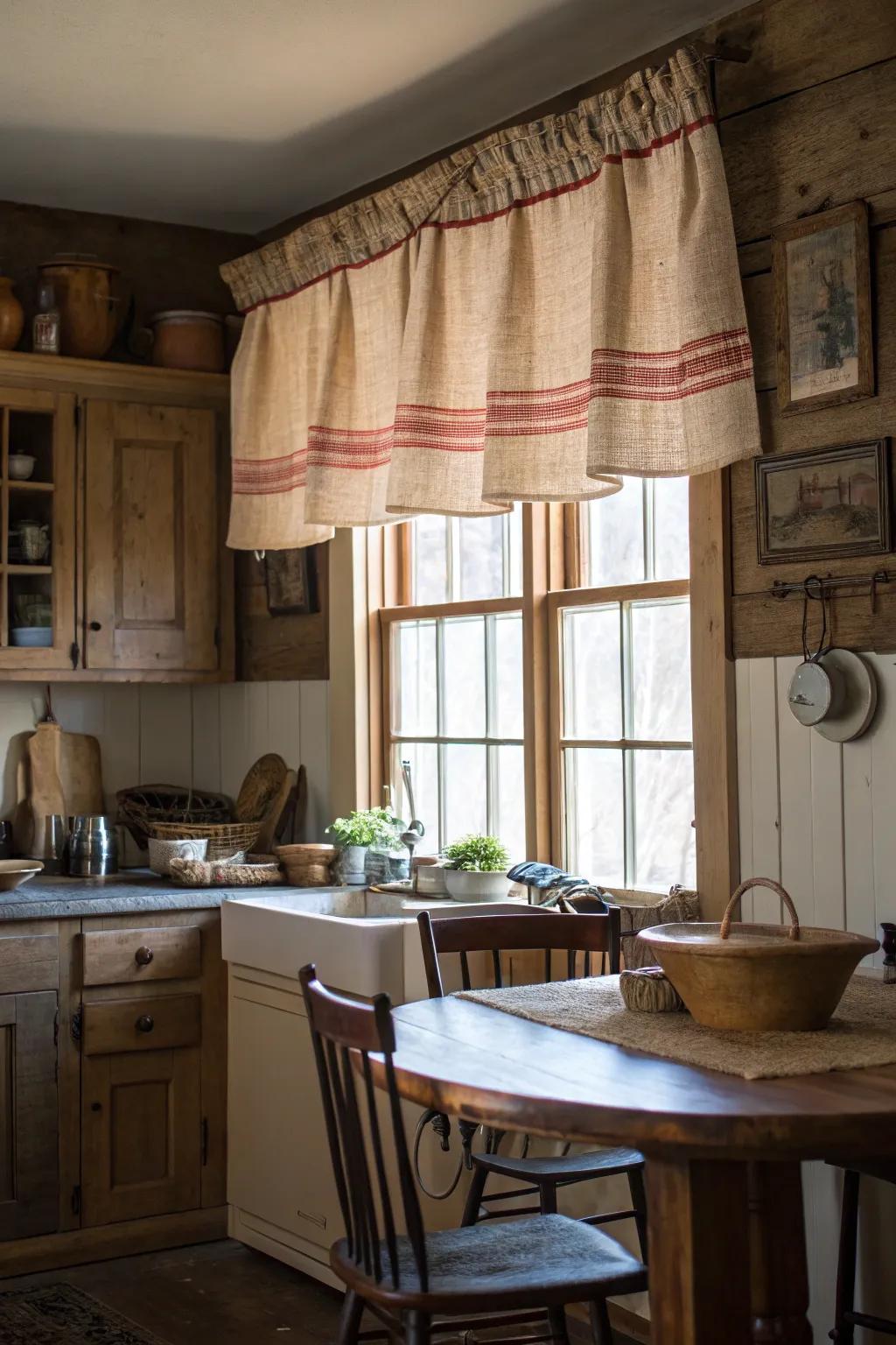 A farmhouse-style kitchen featuring a valance made from a vintage feed bag, adding rustic charm.