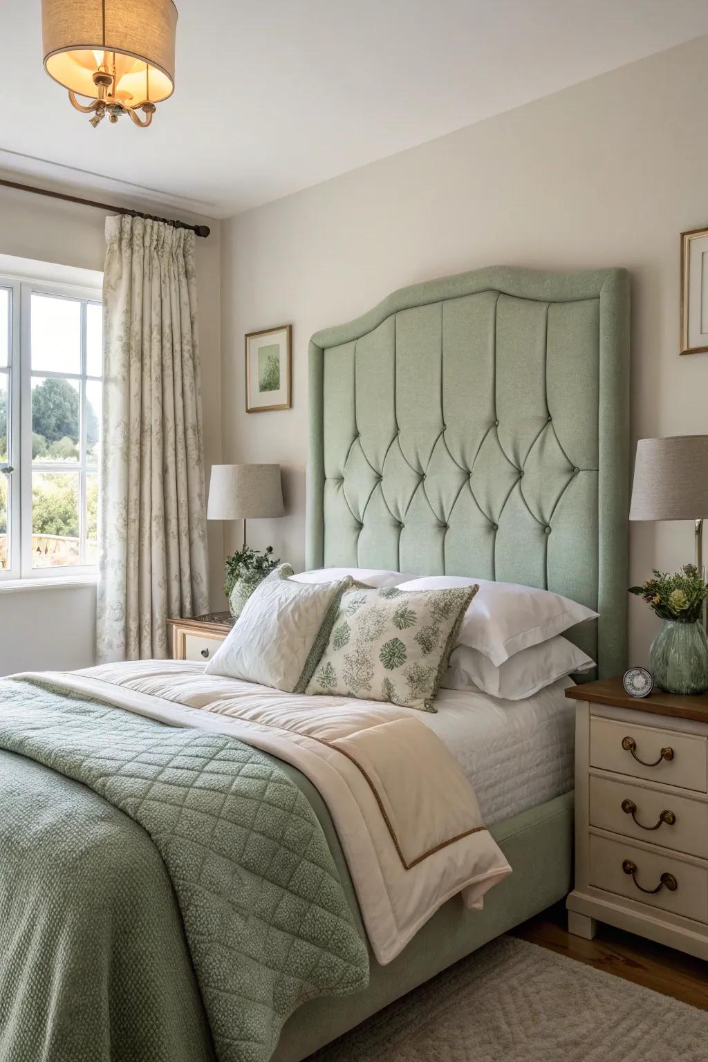 Create a statement through soft green fabric finishes.