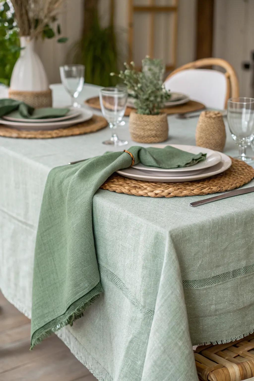 Textured fabrics in soft green add interest to your table decor.